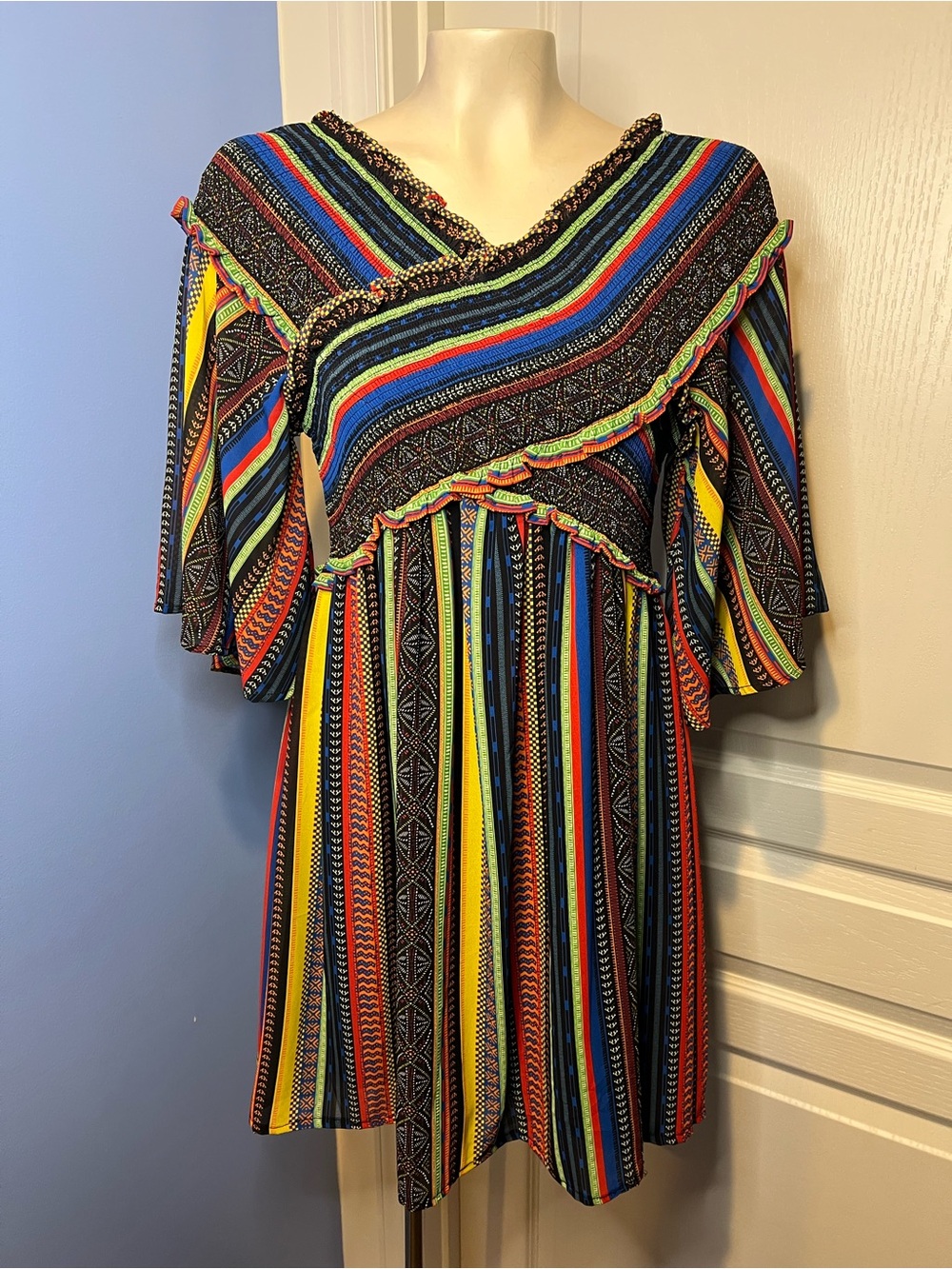 Flying Tomato Boho black and Multicolor Striped Ruffle Dress size Large
